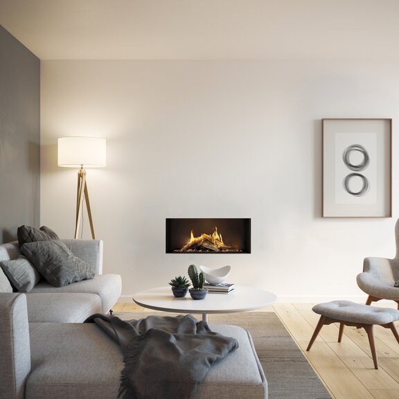 Gas-Kamineinsatz VISIO 100 mit Frontglas in weisser Wand und dekorativem Wohnraum