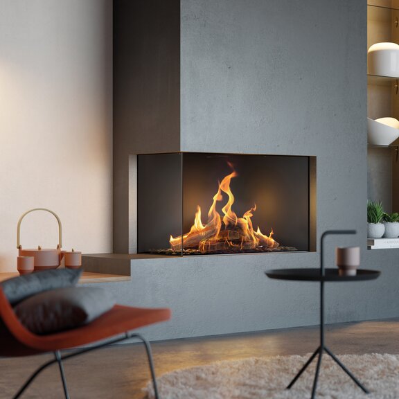 Gas-Kamin VISIO 90 LC als Eckkamin links mit authentischen Gasflammen vor minimalistischen Sesseln in rostrotem Bezug