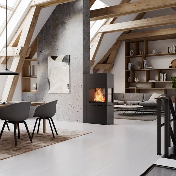 Raumteiler 600 RD in Schwarz mit inliegender Deckplatte im Wohn- und Esszimmer