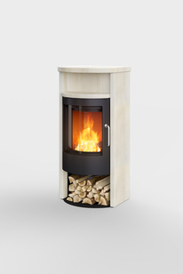 Kaminofen BANDO verkleidet im cremefarbigen Naturstein Porto