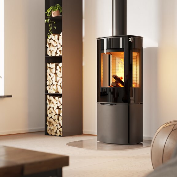 Holz-Kaminofen CARO 110 in Schwarz mit Vollglas-Feuerraumtür und Seitenfenster