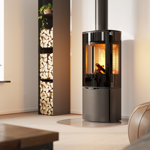 Holz-Kaminofen CARO 110 in Schwarz mit Vollglas-Feuerraumtür und Seitenfenster