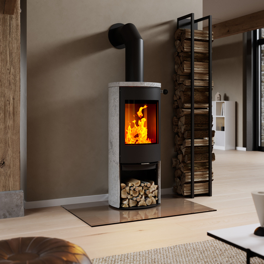 Holz-Kaminofen CARO 120 mit Stahltür in Schwarz und Specksteinverkleidung