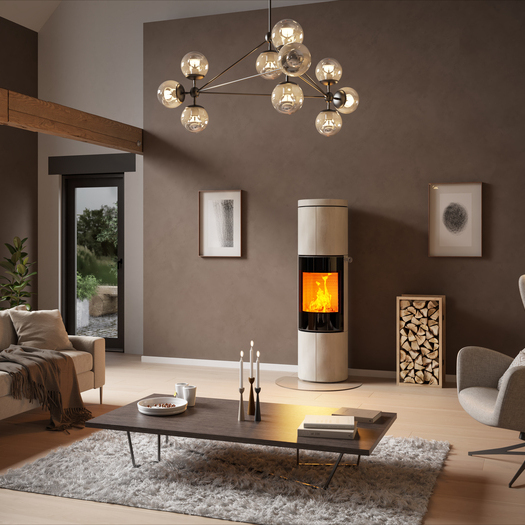 Holz-Kaminofen JUNO 166 L in Naturstein Porto und Vollglas-Feuerraumtür in grossem Wohnzimmer in Erdfarben