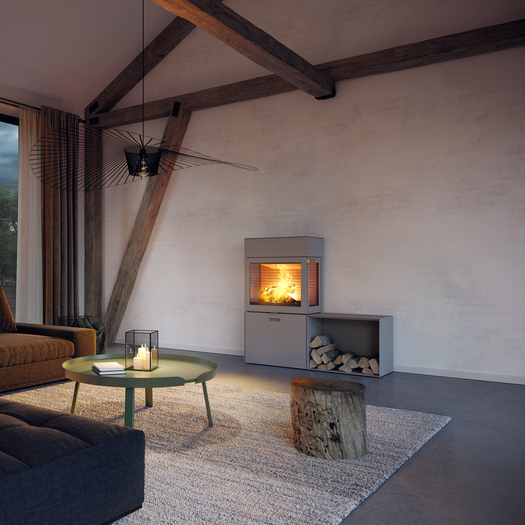 Holz-Kaminofen MAX 600/130 in Nickel mit zwei Seitenfenstern und Seitenbank in elegantem Wohnraum in Brauntönen