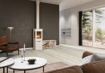 Holz-Kaminofen NEXO 120 in der Farbe Sand mit Stahltür und Seitenfenster sowie Seitenbänke vor brauner Wand