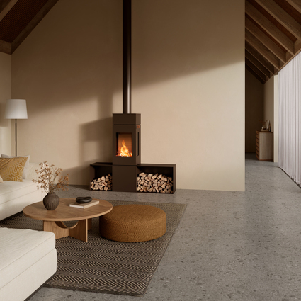Holz-Kaminofen NEXO 140 in der Farbe Mokka im schlichten und hellen Wohnzimmer