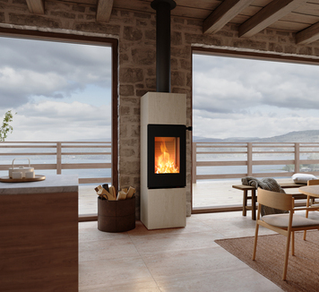 Holz Kaminofen NEXO 160 Porto in der Farbe Schwarz im Wohnraum mit einer Steinwand