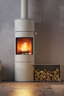 Holz-Kaminofen VIVA 140 L in der Farbe Sand mit Stahltür und Seitenbank