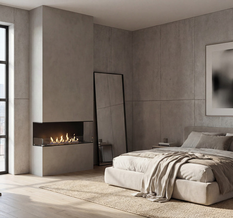 Montreal 3-seitig eingebaut in grossem modernem Schlafzimmer mit Betonwand und Holzboden
