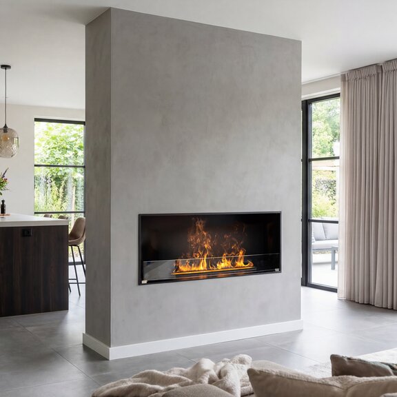 Elektrofeuer Hybrid Mist Betonwand Küche Wohnraum